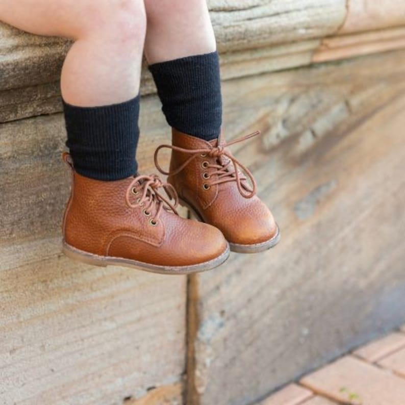 RESTOCKED LOGAN Vintage Tan Leather unisex toddler vintage inspired boots with FREE storage bag zdjęcie 1