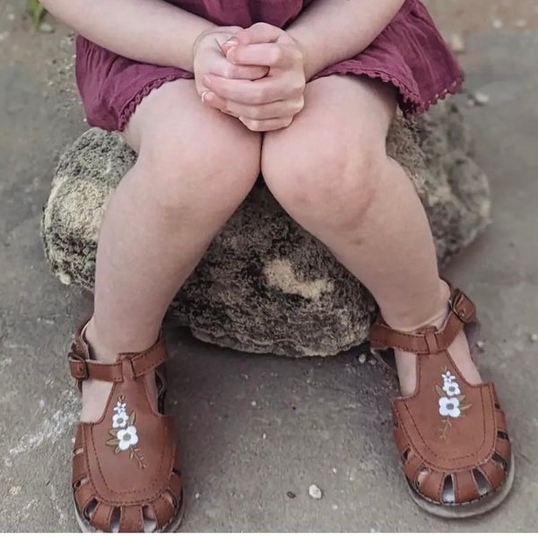 FLORA || premium tan leather sandal with embroidery || Toddler || Child || Youth ||