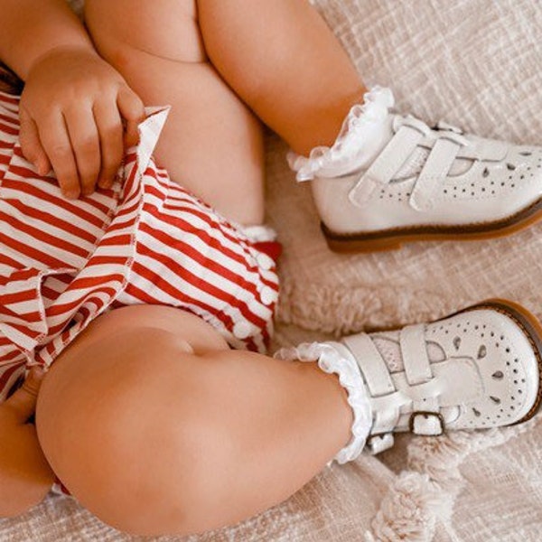 COQUELICOT 2.0 || Barre en T à motif en cuir verni blanc à double boucle - Tout-petit | Enfant | Jeunesse