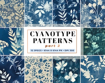 Cyanotype Botanical Seamless Pattern Blue White Botanical Prints Vintage Chinoiserie Seamless Patterns Cyanotype Seamless Floral Patterns