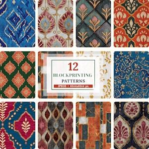 Może przedstawiać: Kolekcja 12 wzorów druku blokowego w różnych wzorach i kolorach. Wzory obejmują motywy kwiatowe, geometryczne i abstrakcyjne w odcieniach niebieskiego, czerwonego, złotego i zielonego. Obraz zawiera tekst "12 BLOCKPRINTING PATTERNS" i "JPEGS • 6144x6144 px".