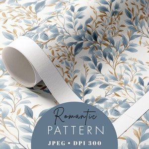 Puede incluir: Un patrón sin costuras con ilustraciones de acuarela de hojas azules y doradas sobre un fondo blanco. El texto "Romantic Pattern JPEG - DPI 300" se muestra en un círculo azul.