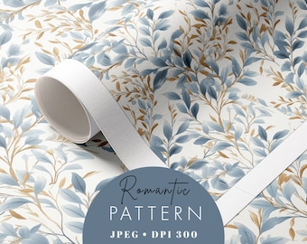 Blue Floral Seamless Pattern Botanical Print Flowers Seamless Instant Download Blue and Gold Botanical Pattern Watercolor Leaves Pattern