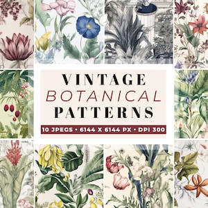 Vintage French Botanical Set Antique Floral Prints Shabby Chic Patterns Vintage Botanical Digital Paper French Faded Flower B&W Flowers