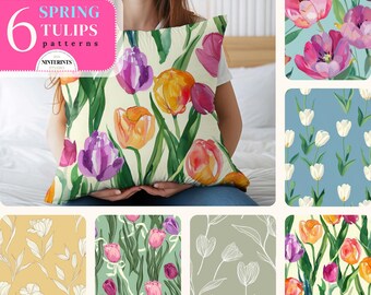 Tulips Seamless Pattern, Tulip Repeat Print, Watercolor Floral Patterns, Pink Tulips Digital Paper, Tulip Pattern, Tulips Pattern Clipart