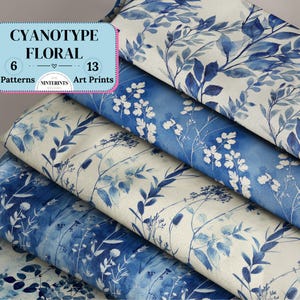 Floral Patterns Blue White Botanical Prints Vintage Chinoiserie Seamless Patterns & Prints Cyanotype Chinoiserie Seamless Floral Patterns