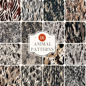Könnte beinhalten: Eine Collage aus 16 verschiedenen Tiermuster. Die Muster umfassen Zebra-, Leopard-, Geparden-, Giraffen- und Tigermuster. Die Muster sind in verschiedenen Brauntönen, Schwarz und Weiß gehalten.
