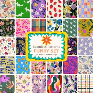 以下が含まれることがあります： 花柄、果物、動物モチーフなど、様々なデザインの30種類のシームレスパターンコレクション。パターンはグリッド表示され、中央には「30 Seamless Patterns FUNKY SET」と書かれた黄色とターコイズブルーのサインがあります。
