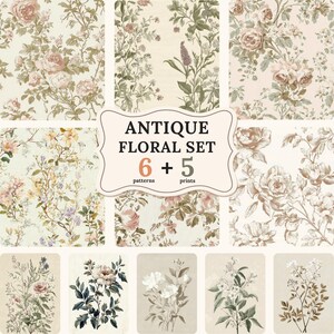Puede incluir: Una descarga digital de 6 patrones florales y 5 estampados florales de estilo vintage. Los patrones y estampados presentan varios diseños florales en tonos de rosa, amarillo y blanco sobre un fondo crema. El texto "Antique Floral Set 6 + 5 patterns prints" se muestra en una pancarta blanca.