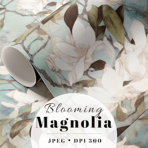 May include: A seamless pattern featuring white magnolia flowers with green leaves on a light blue background. The text "Blooming Magnolia . JPEG . DPI 300" is printed at the bottom of the image.
