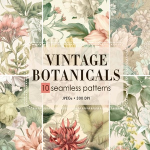 Pode incluir: Um conjunto de 10 padrões botânicos vintage sem costura com delicadas ilustrações florais em tons de verde, rosa e branco. Os padrões são perfeitos para adicionar um toque de elegância a qualquer projeto de design.