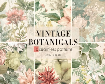 Set di motivi botanici francesi vintage senza soluzione di continuità Stampe floreali antiche Motivi shabby chic Carta digitale botanica vintage Botanico francese