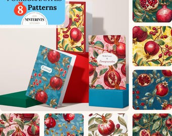 Pomegranates Seamless Pattern, Watercolor Fruit Fabric, Vintage Floral Pattern, Luxury Patterns, Beaded Fruit Digital Pattern