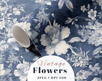 Chinoiserie Floral Pattern Blue Floral Pattern Botanical Pattern Vintage Floral Pattern French Flowers Cyanotype Seamless Flowers Blue