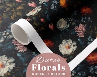 6 Dutch Floral Seamless Patterns - High-Quality JPEGs: 6144x6144 px - DPI 300 - Instant Download | Dark Flowers Clipart