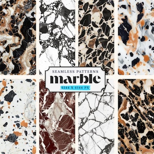 Op de afbeelding: Een set van 6 naadloze marmerpatronen in verschillende kleuren en stijlen. Elk patroon is 6144 x 6144 pixels.