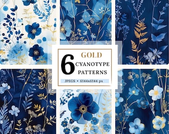 Cyanotype Blue Gold Floral Seamless Patterns Vintage Botanical Digital Paper Blue Flowers Printable Download Textile & Scrapbooking