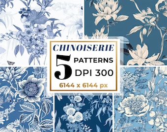 Chinoiserie Floral Pattern French Toile Floral Pattern Blue Floral Digital Paper Cyanotype Floral Seamless Pattern Vitage Botanical Pattern