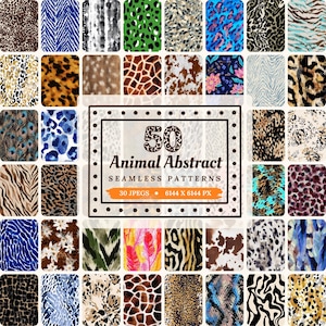 May include: A grid of 50 animal abstract seamless patterns in diverse designs and colours. The patterns feature leopard, zebra, giraffe, and other animal prints. The image also includes the text "50 Animal Abstract Seamless Patterns".