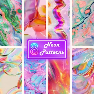 Puede incluir: Ocho patrones digitales abstractos en colores neón vibrantes, incluyendo rosa, azul, verde, amarillo y naranja. Los patrones recuerdan al mármol líquido o a los remolinos de pintura.