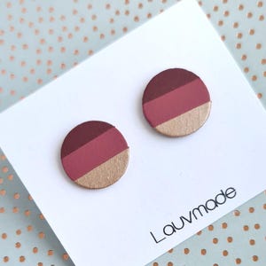 Orecchini tondi a righe, orecchini geometrici - bordeaux, rosa, oro rosa