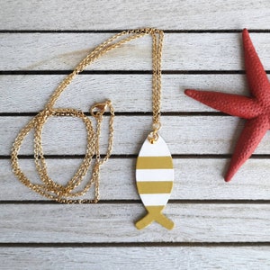 Collana lunga con ciondolo a forma di pesce, collana con ciondolo, ciondolo a righe senape