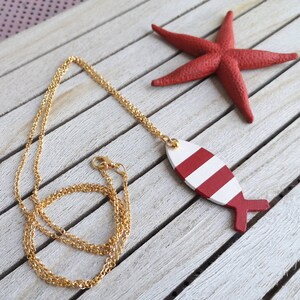Collana lunga con ciondolo a forma di pesce, collana con ciondolo, ciondolo a righe rosso