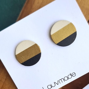 Orecchini tondi a righe, orecchini geometrici - bianco, nero, oro