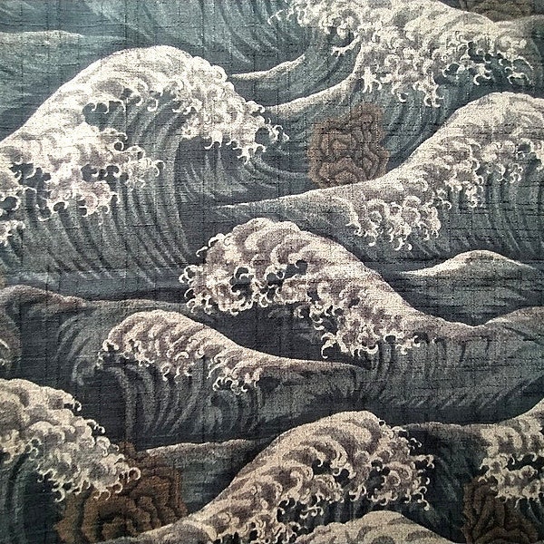 Tissu japonais, coton dobby,vague, kanagawa, gris vert, rétro, vintage, délavé, ameublement, motif traditionnel,1/2 yard