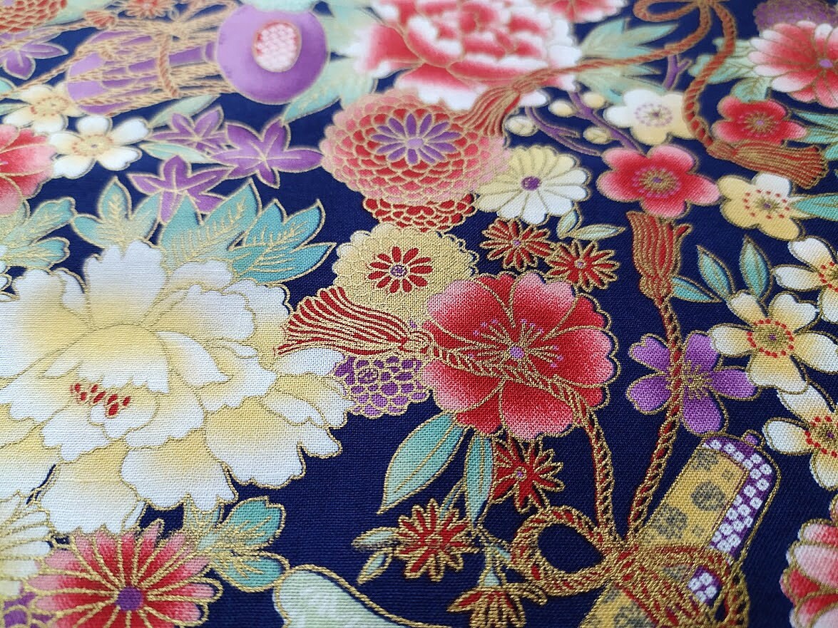 Japanese Fabric Gold Pattern Blue Indigo Blue Sakura Etsy