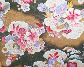 Tissu japonais, chirimen, sakura, pivoine, vague, vert, chirimen floral
