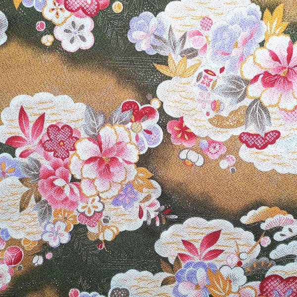 Tissu japonais, chirimen, sakura, pivoine, vague, vert, chirimen floral