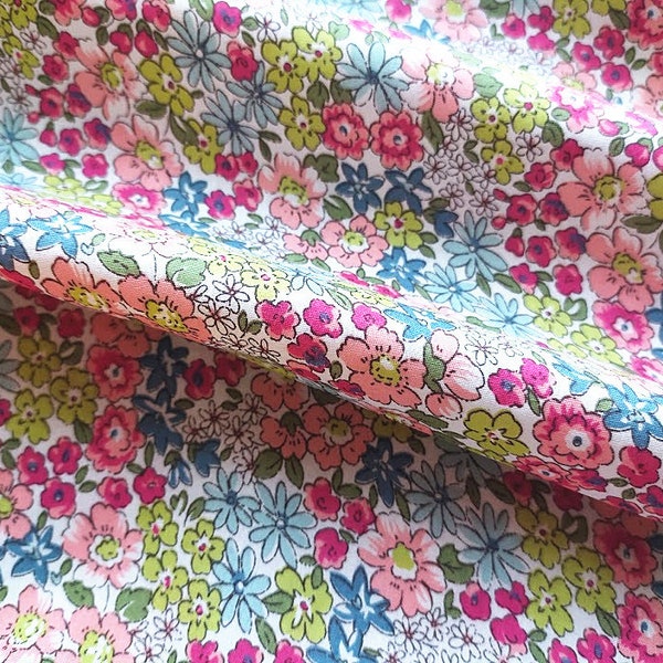 50cm, tissu motif Liberty, coton, fleuri, tissu floral, rose, jaune, bleu