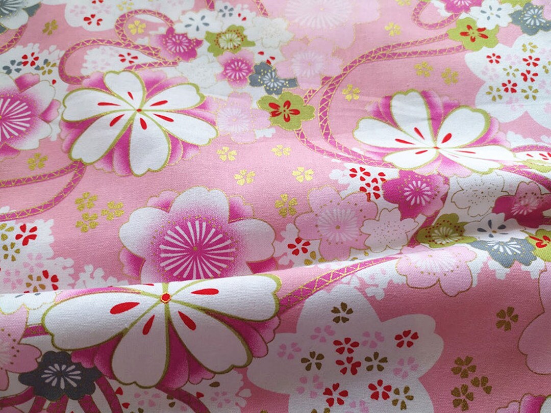 Buy Japanese Fabric Gold Sakura Flowery Cherry Blossoms Pink Online in