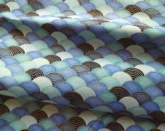 Tissu japonais, doré, vague, bleu, bleu indigo, SEIGAIHA, tissu patchwork