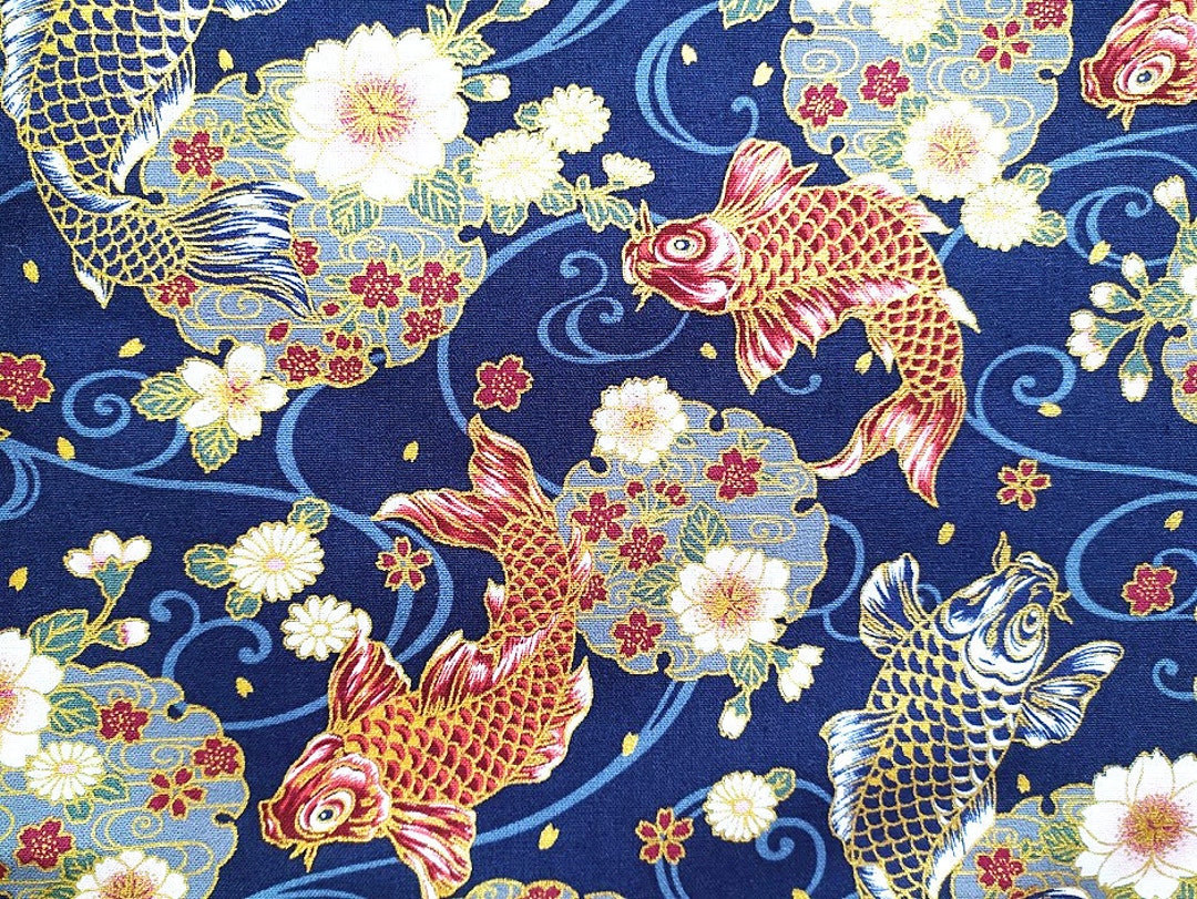 Japanese Fabric Gold Indigo Blue Fish Capers Waves Etsy