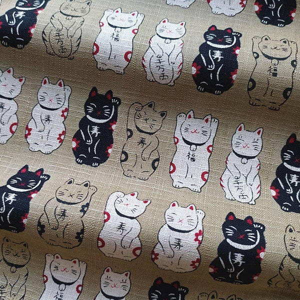 Tissu japonais, beige, kaki, Neko Chat, Chat, kawaii, 1/2 yard