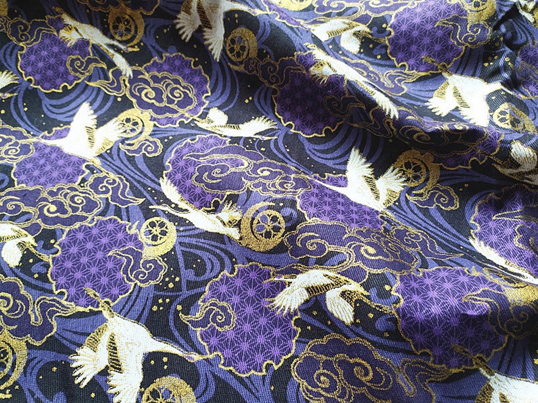 Japanese Fabric Gold Crane Wave Purple Traditional Etsy