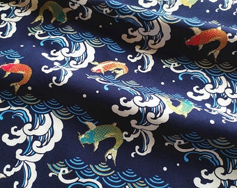 Tissu japonais, Koi, poissons, vague, bleu indigo, doré, motif traditionnel, vague kanagawas,1/2 yard