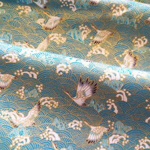 Japanese fabric, turquoise, golden, crane, bird, wave, seigaiha