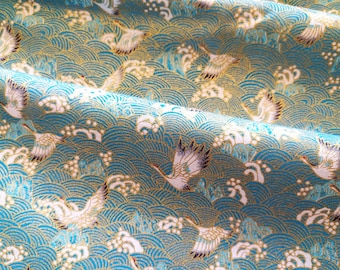 Tissu japonais, turquoise, doré, grue, oiseau, vague, seigaiha