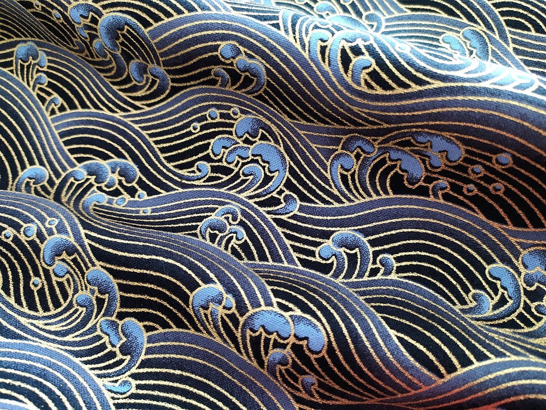 Japanese Fabric Black Gold Traditional Pattern Kanagawa Etsy