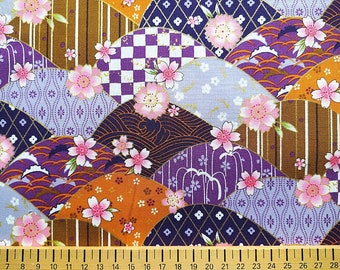 Tissu japonais, doré, voilet, mauve, sakura, vague, fleurs cerisier, motif traditionnel, 1/2 yard