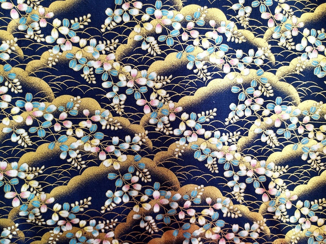 Japanese Fabric Gold Indigo Blue Sakura Flowers Cloud Etsy