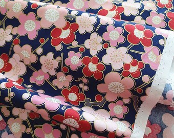 Tissu japonais, bleu indigo, doré, prunier, sakura, fleurs, fleuri, france, japonais