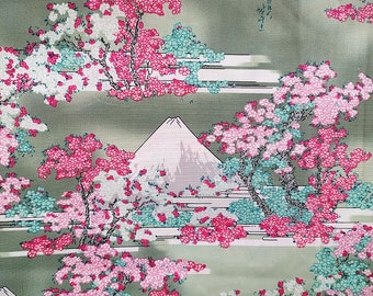 Tissu japonais, mont fuji, sakura, fleurs cerisier, coton extensible, tissu extensible