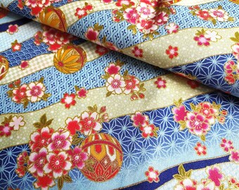 Tissu japonais, Sakura, fleuri, doré, asanoha, couleur bleu