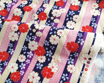 Tissu japonais, sakura, fleurs cerisier, tissu japonais fleuri, fleurs, bandes, mauve, voilet, 1/2 yard