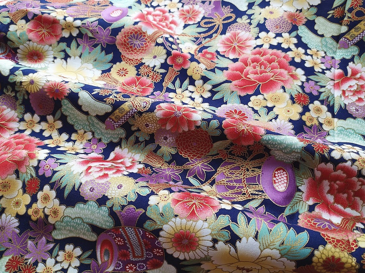 Japanese Fabric Gold Pattern Blue Indigo Blue Sakura Etsy