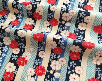 Tissu japonais, sakura, fleurs cerisier, tissu japonais fleuri, fleurs, bandes, bleu, bleu indigo, 1/2 yard